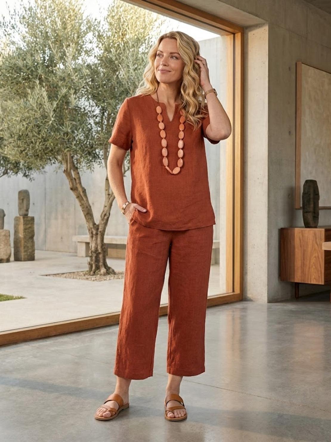 Breezy cotton blend two-piece summer set with short-sleeved shirt and elastic waist pants