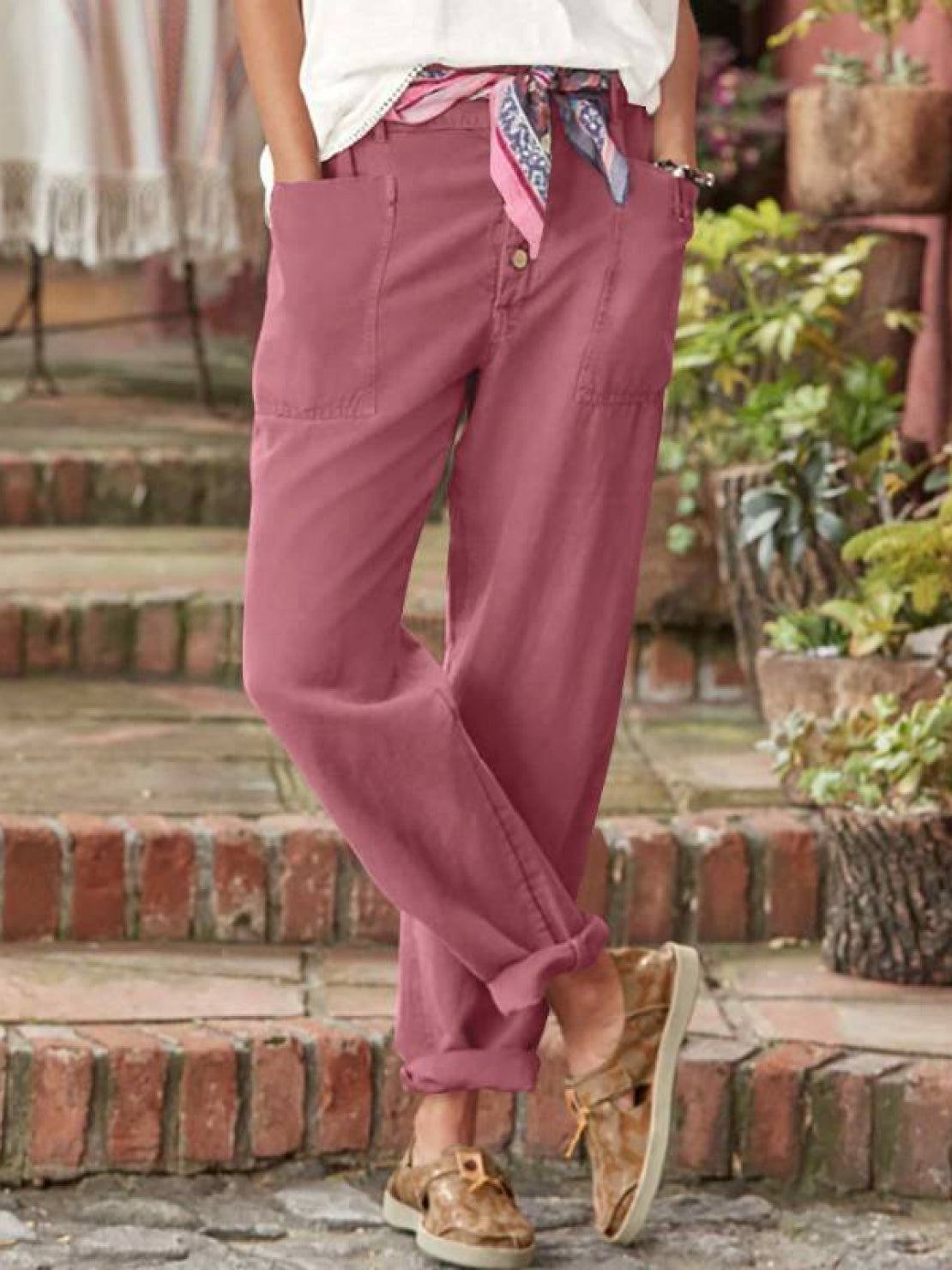 Casual button-down utility-chic trousers with deep pockets and durable cotton blend fabric