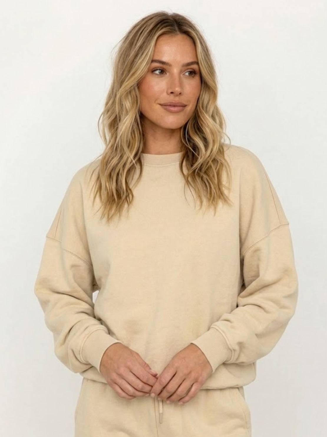 Woman wearing Classic Comfort Athleisure Set in stretchy, wrinkle-resistant fabric