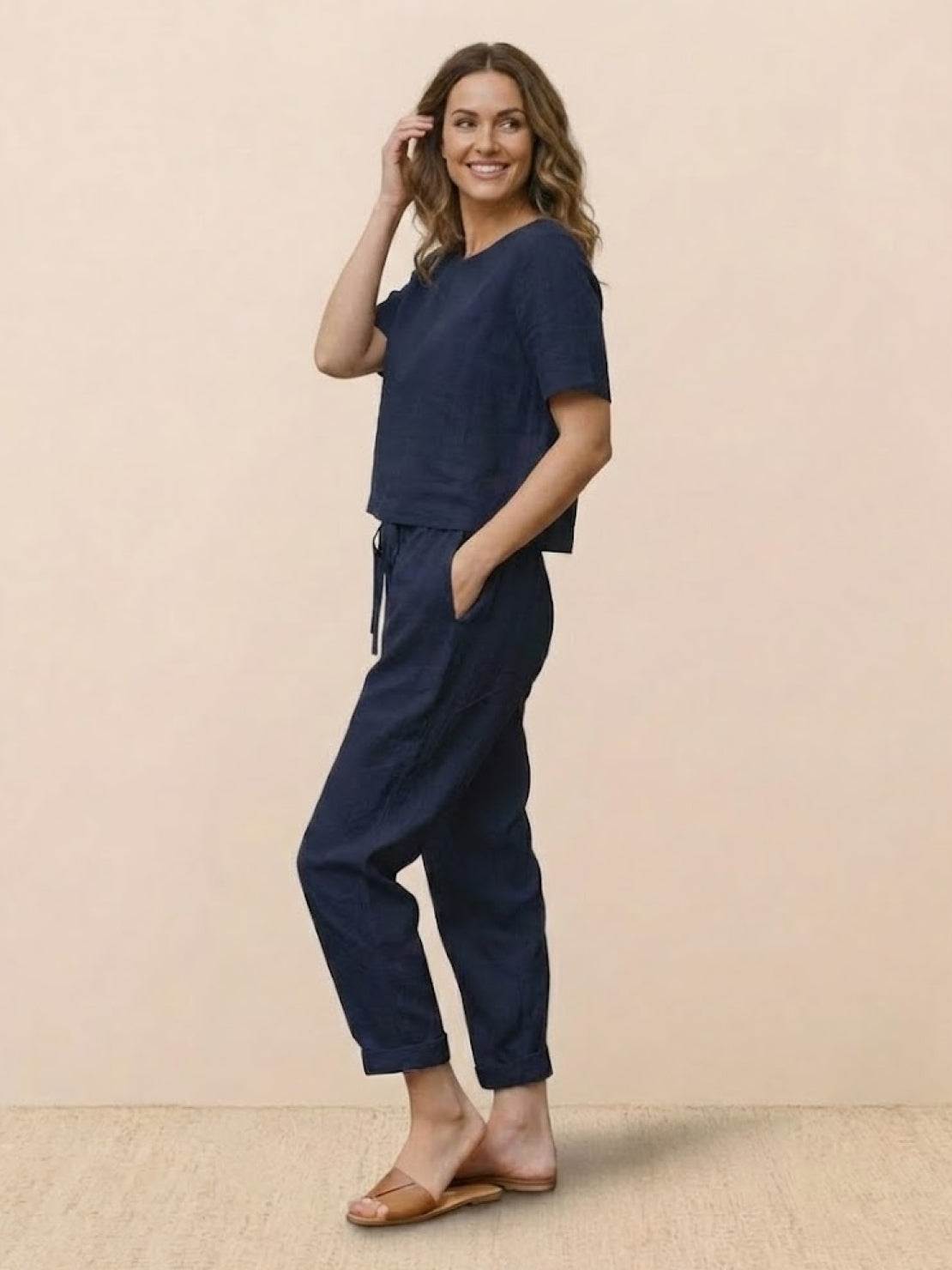 Cotton-linen blend monochrome two-piece set with breathable, soft fabric and relaxed fit