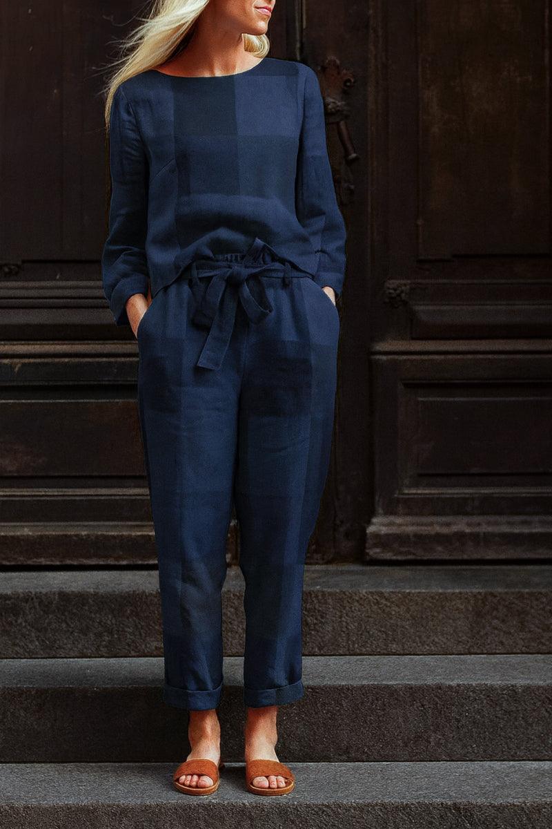 Cotton-linen monochrome navy longline top and wide-leg pants set with relaxed fit and drawstring waist