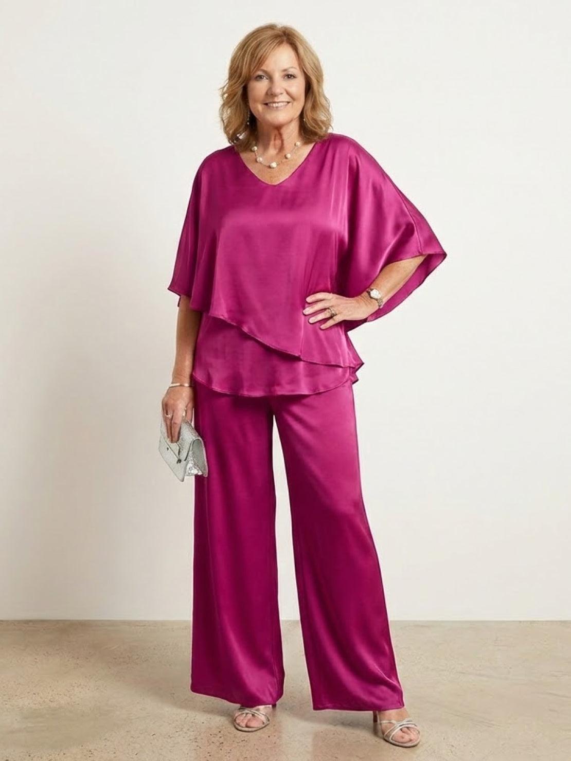 woman wearing elegant layers two-piece set with layered V-neck top and matching pants