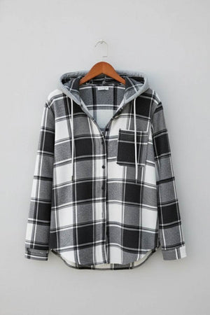 Highland Plaid Shacket black and white plaid button-front overshirt with hood and chest pocket.