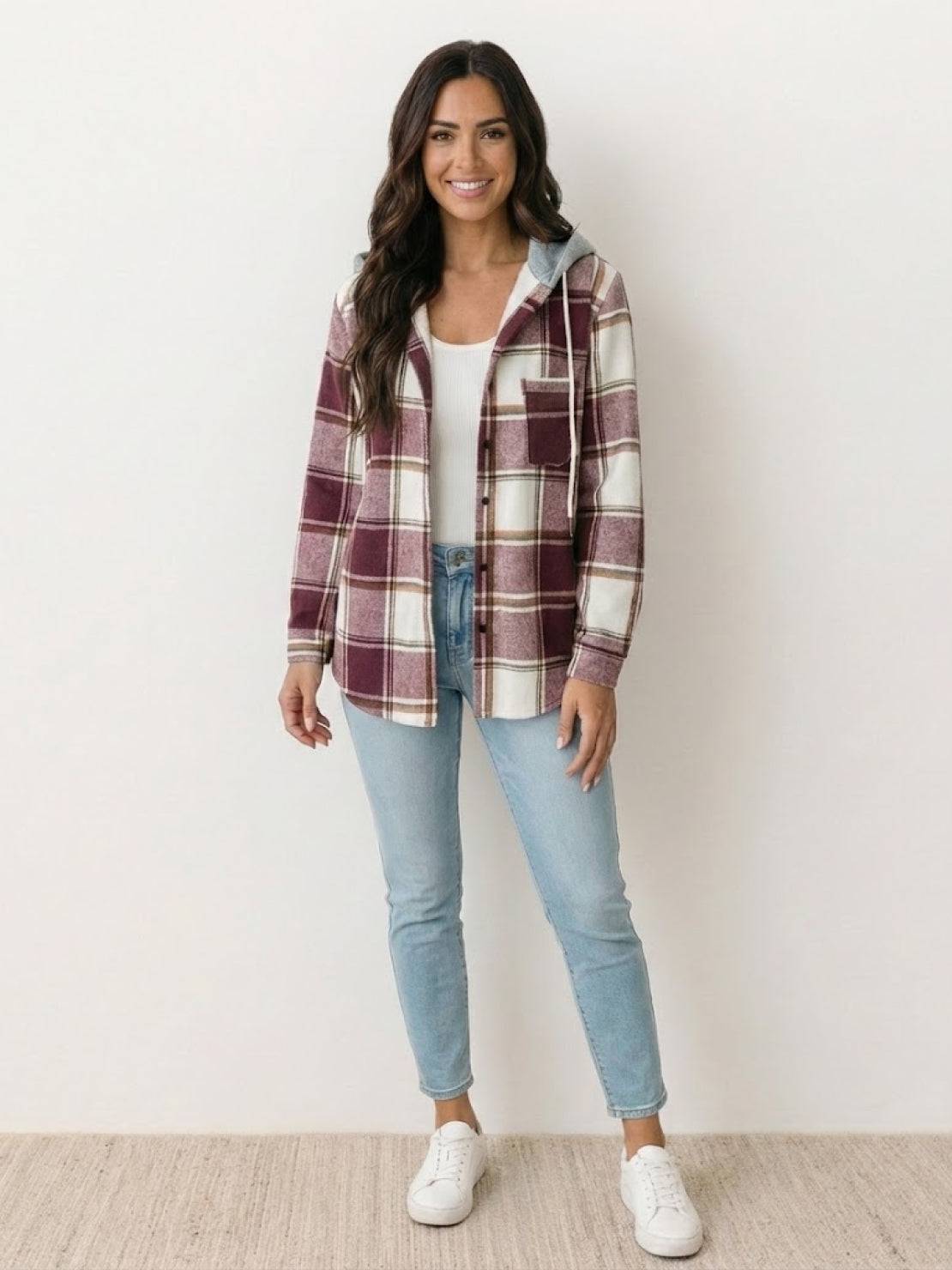 Highland Plaid Shacket jacket with soft fleece lining and hooded relaxed fit in classic plaid pattern