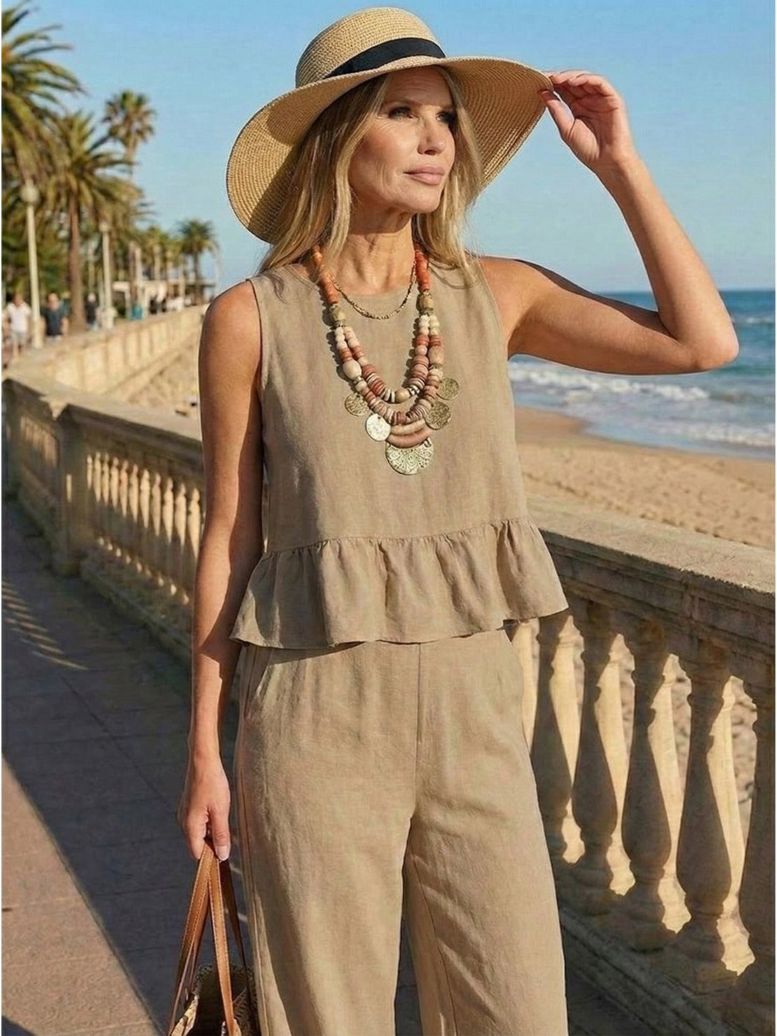 Woman wearing Jetsetter Linen-Like Feel Set, lightweight breathable two-piece outfit perfect for travel and comfort