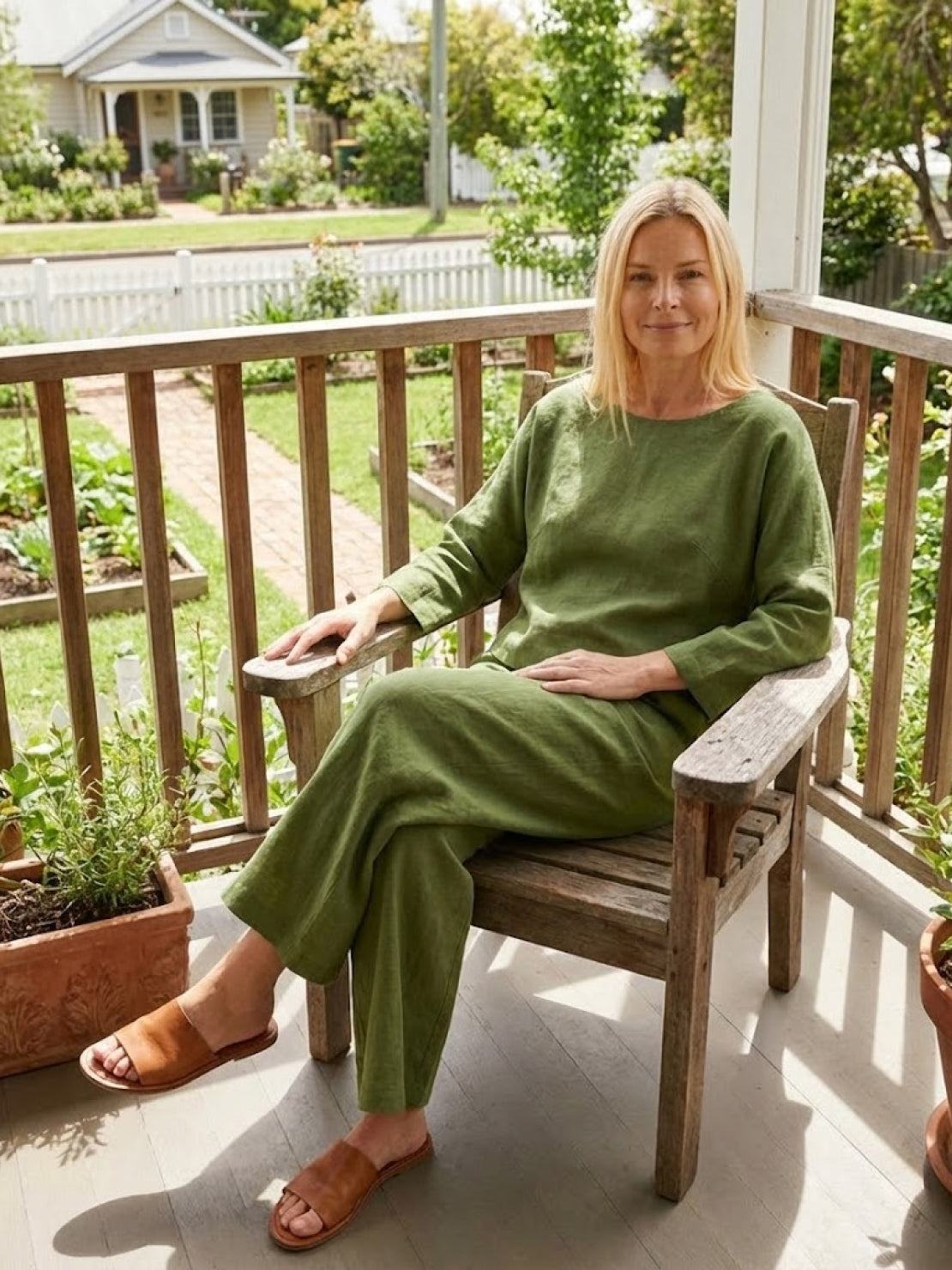 Woman wearing loose solid color green two-piece set sitting on wooden chair outdoors