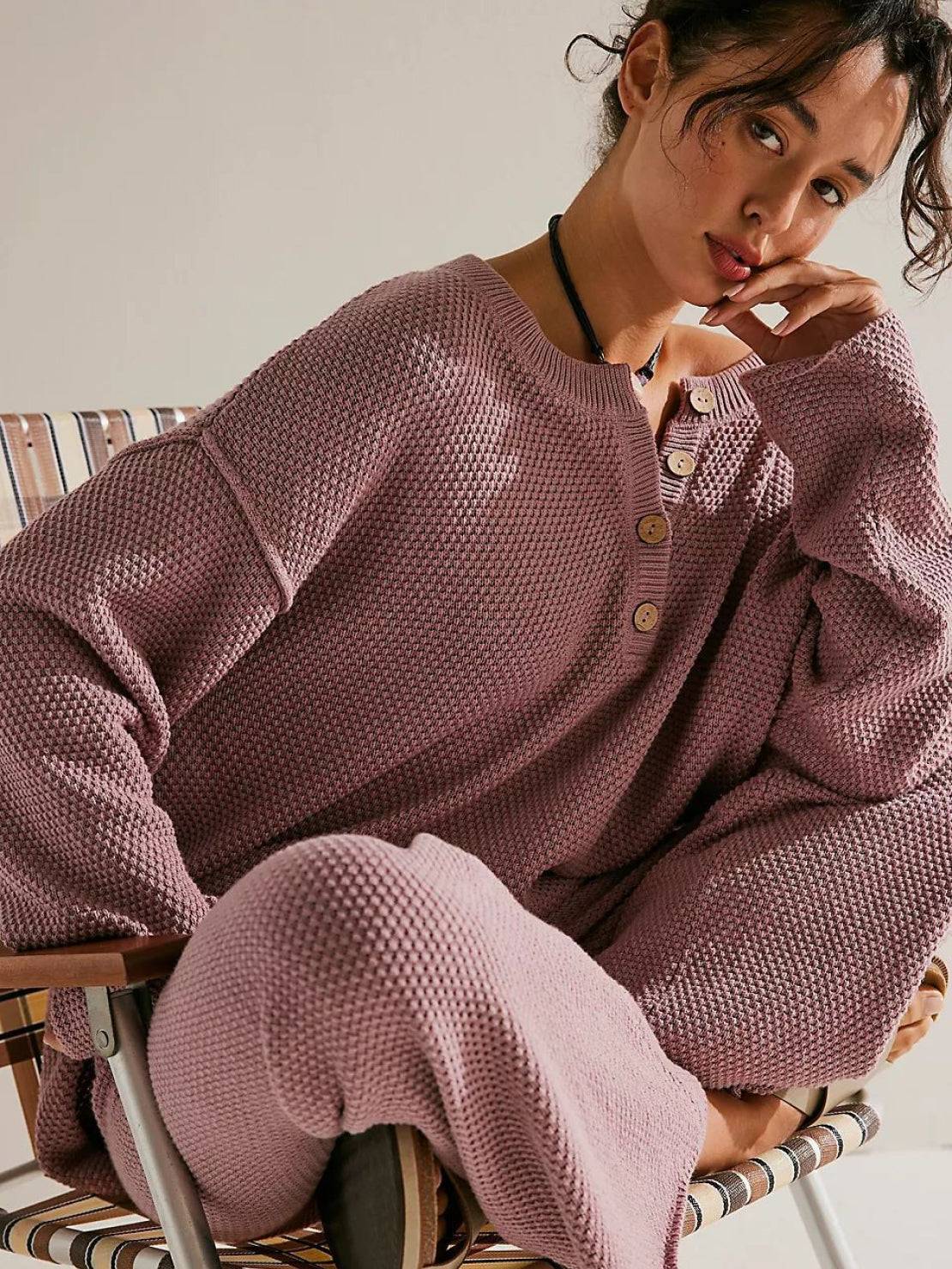 Woman wearing a multi-weather comfort two-piece oversized set with relaxed fit and mid-weight fabric