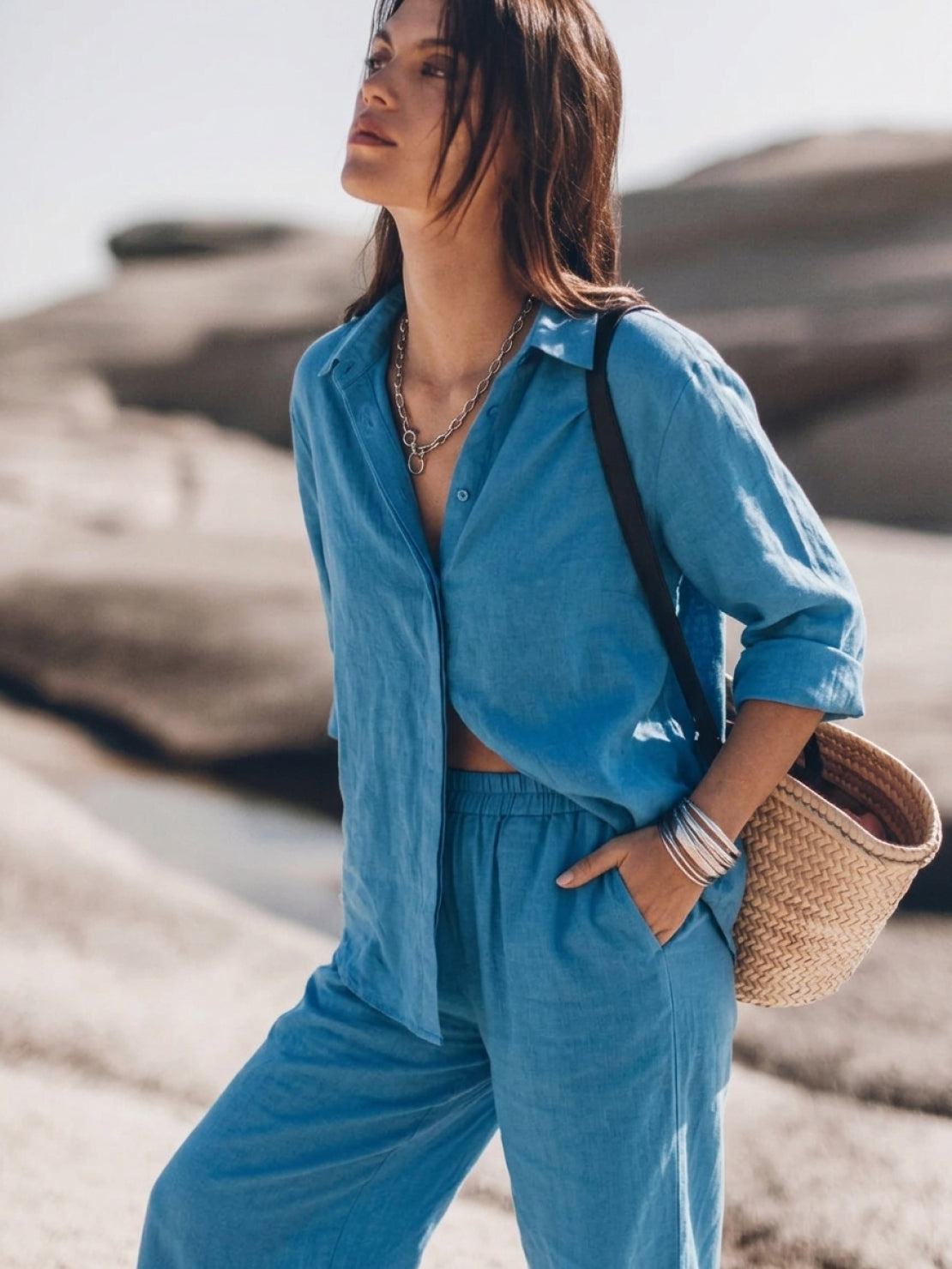 Woman wearing oversized 100% cotton shirt and wide-leg pants co-ord set in relaxed fit