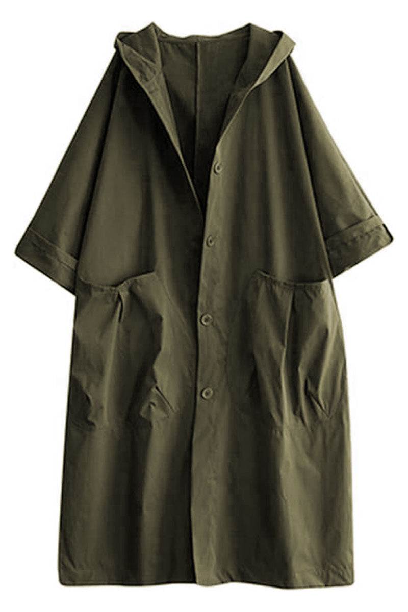 Oversized water resistant windbreaker jacket with hood and large front pockets in dark green
