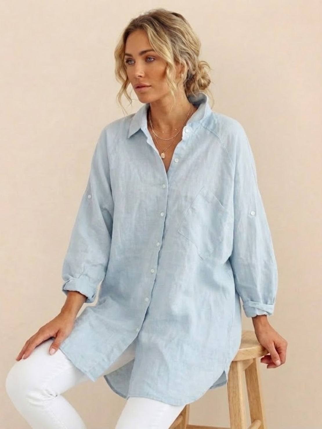 Oversized linen shirt with relaxed fit and back button detailing in breathable cotton-linen blend