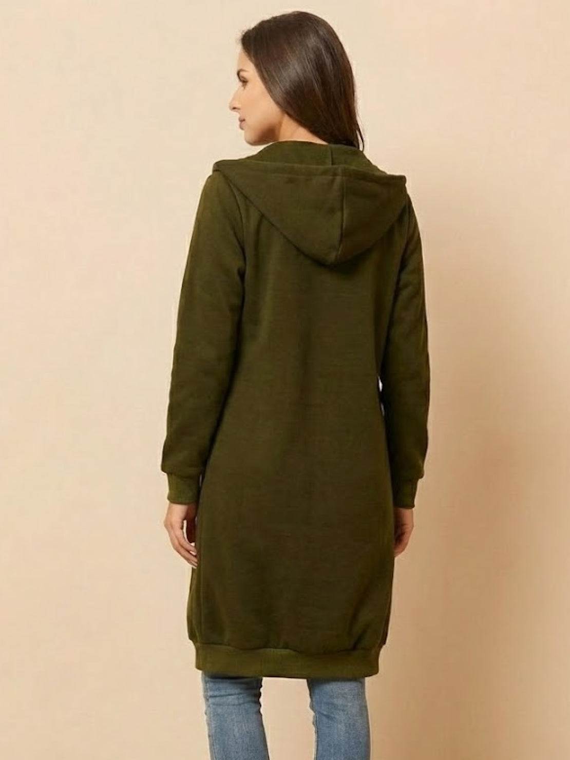 Back view of woman wearing olive oversized long zip sweatshirt hoodie with hood and long sleeves