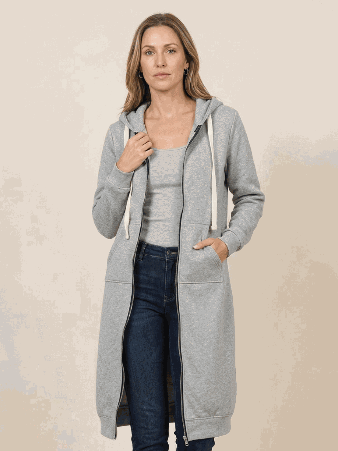 oversized long zip sweatshirt hoodie with fleece lining and front pockets for layering and warmth