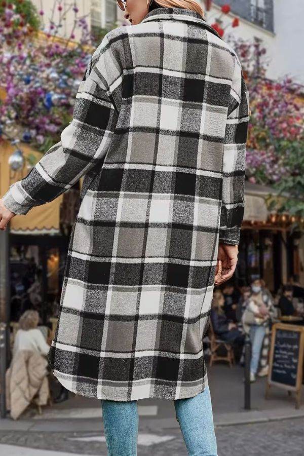 Oversized medium-length blue plaid wool blend overshirt for layering and casual wear