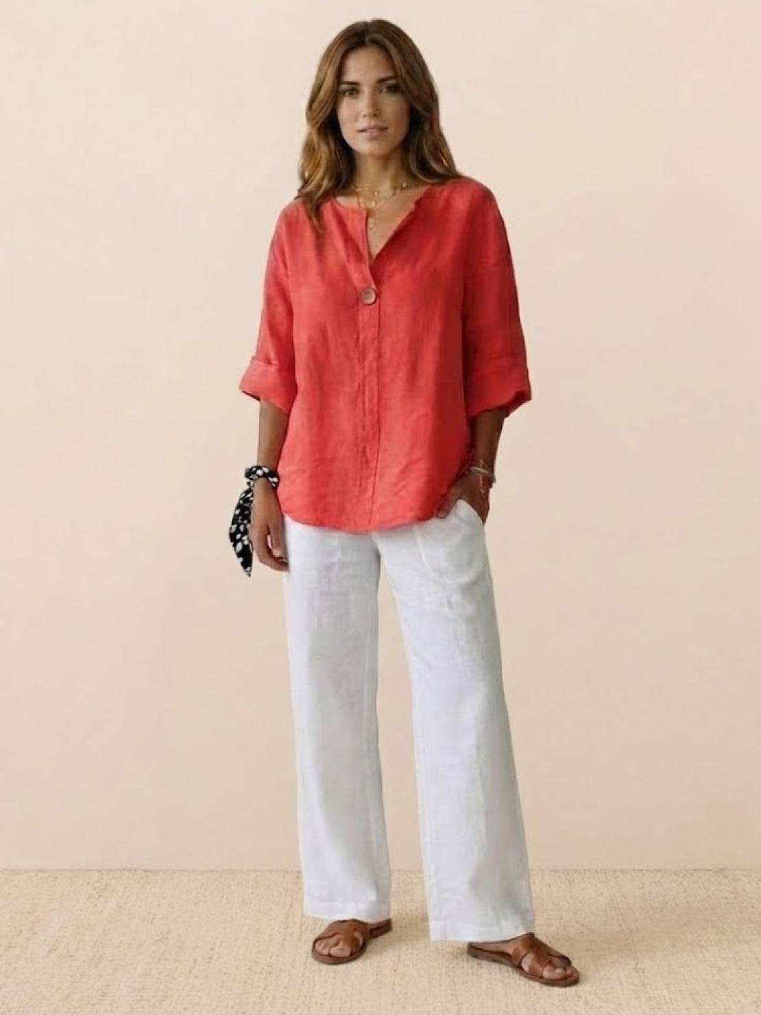 white pure linen age-defying shirt with button detail on hanger