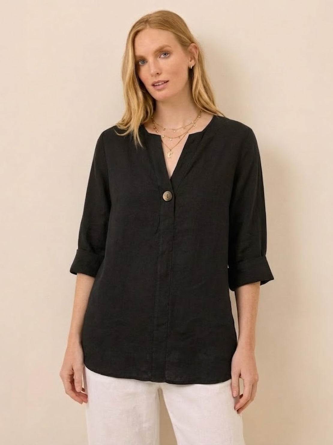 white pure linen age-defying button detail shirt on hanger showcasing breathable fabric and elegant design