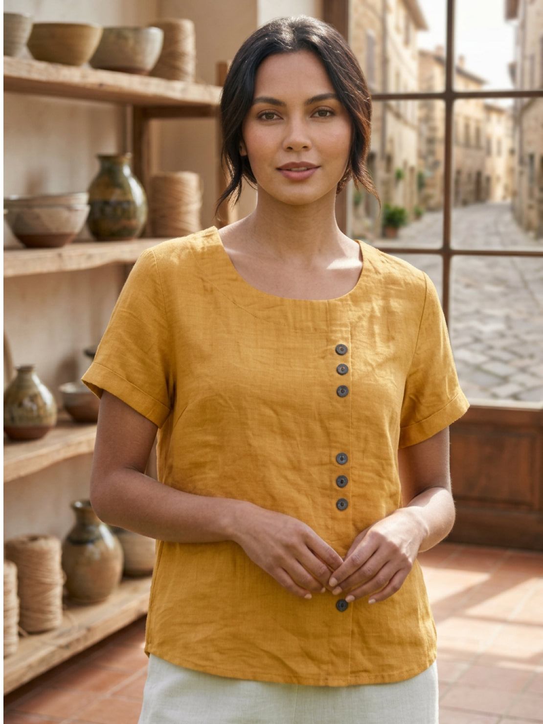 Relaxed Fit Linen Button-Up Tee with breathable cotton linen fabric and stylish button detail