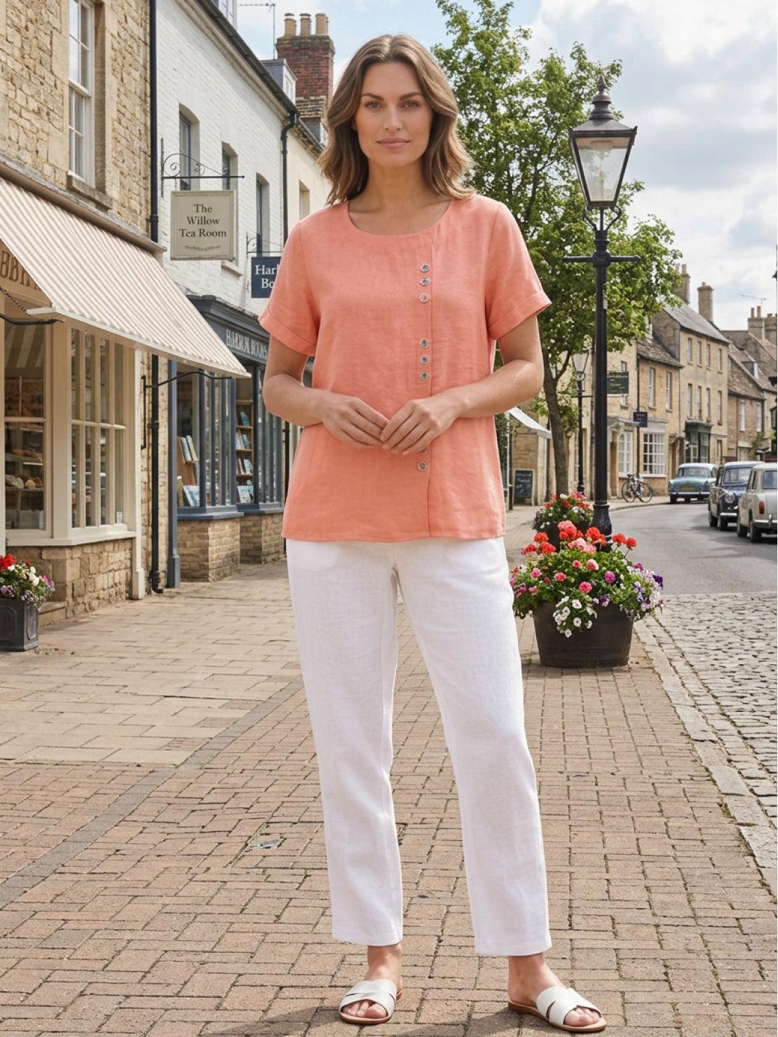 Relaxed Fit Linen Button-Up Tee in breathable cotton and linen with button detail and loose fit