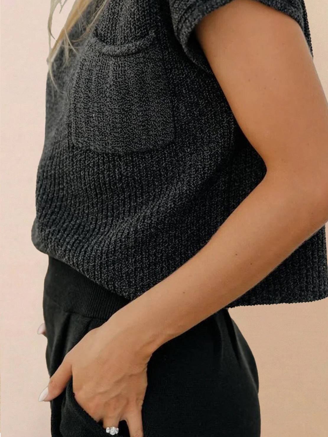 Woman wearing comfy couture knit sweater two-piece set in soft, relaxed fit for casual and stylish wear