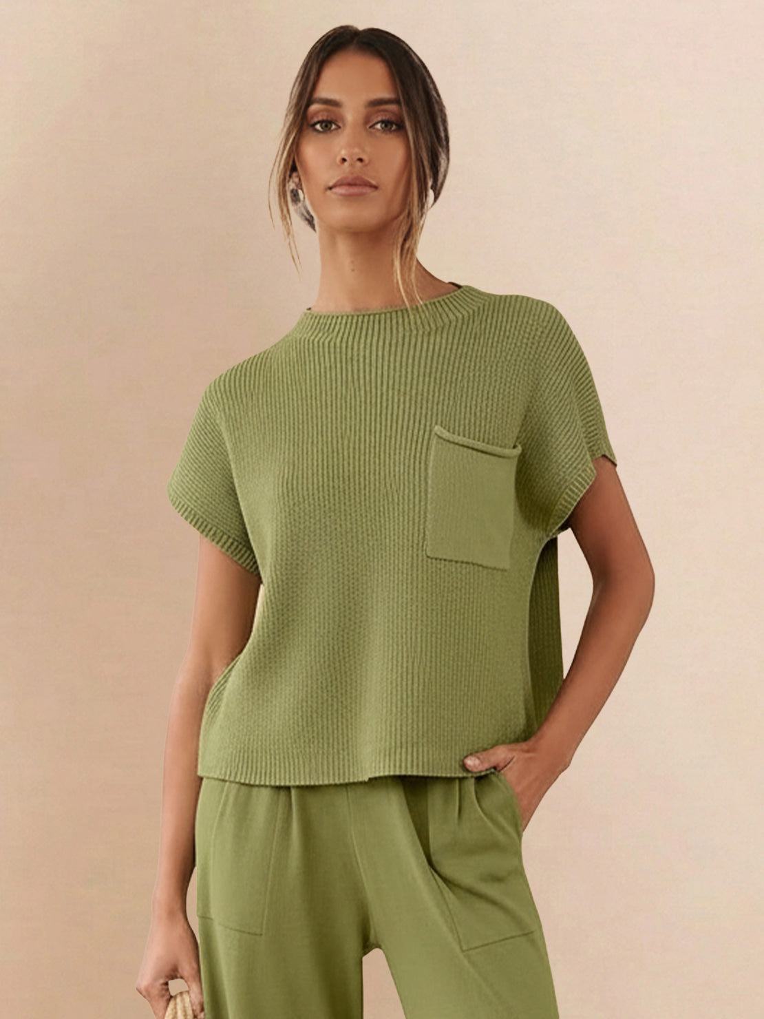 Comfy Couture Knit Sweater two-piece set in soft fabric with relaxed fit and matching pants