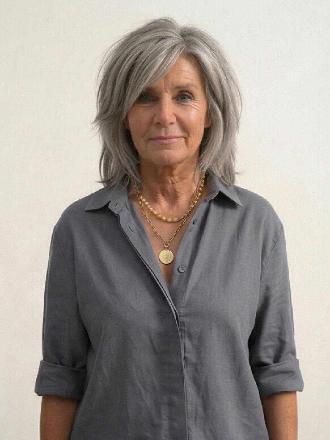 Woman wearing relaxed shirt and trousers two-piece set, soft breathable fabric, stylish casual outfit