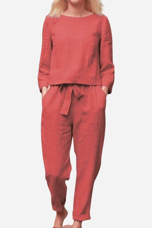 Retro monochrome linen two-piece set with long sleeves and drawstring pants in breathable cotton linen fabric.