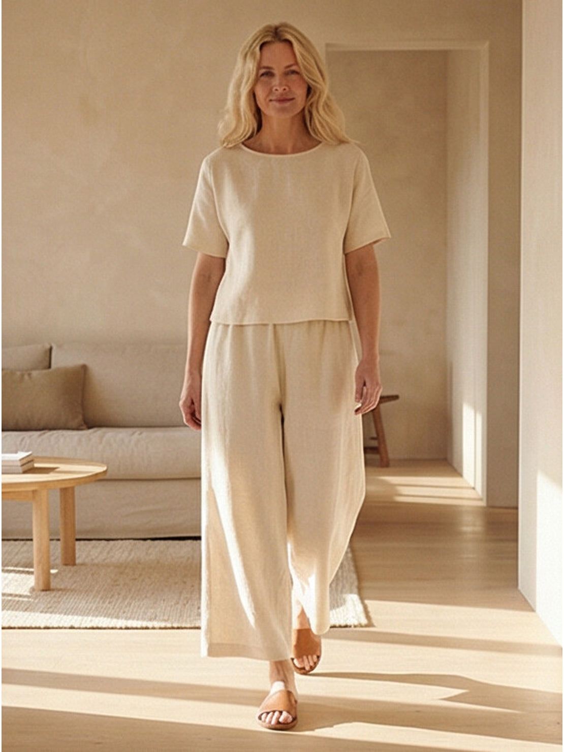 Loose fit co-ord set with soft-tailored top and wide-leg bottoms in breathable cotton blend fabric