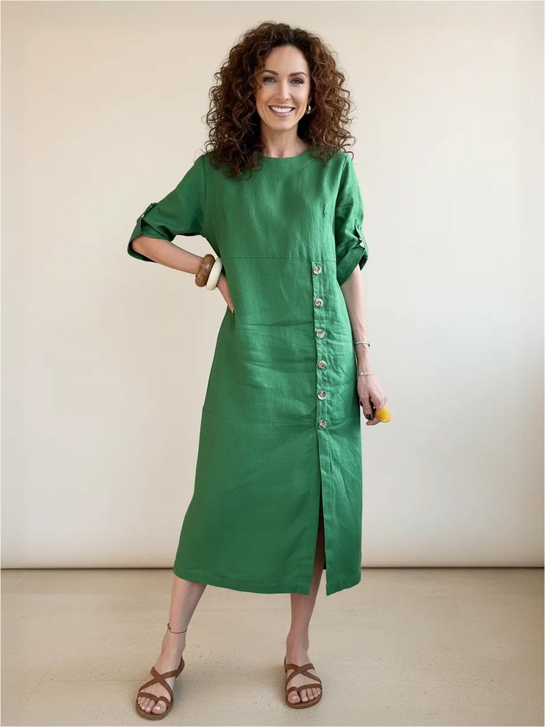 Elegant pure cotton dress with linen look, soft and breathable for all seasons
