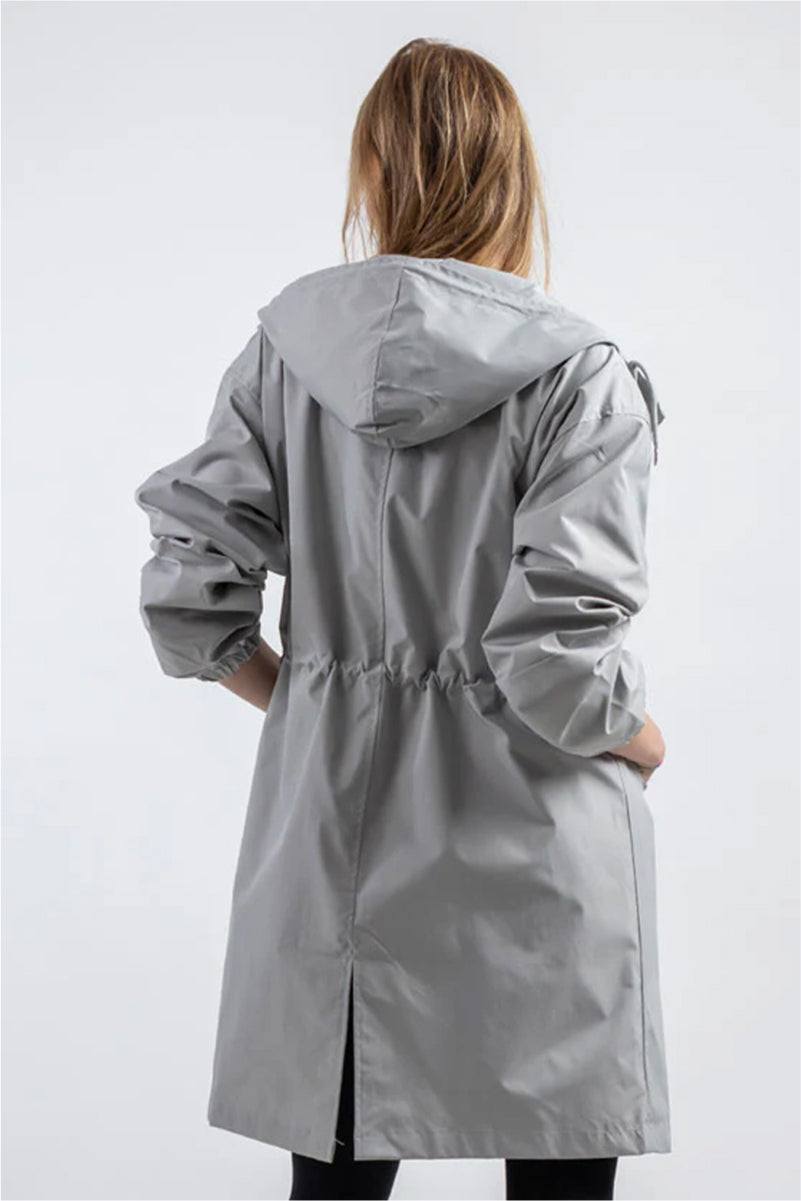 Gray oversized Rain Couture Windbreaker jacket with hood, lightweight and water-resistant polyester fabric, back view
