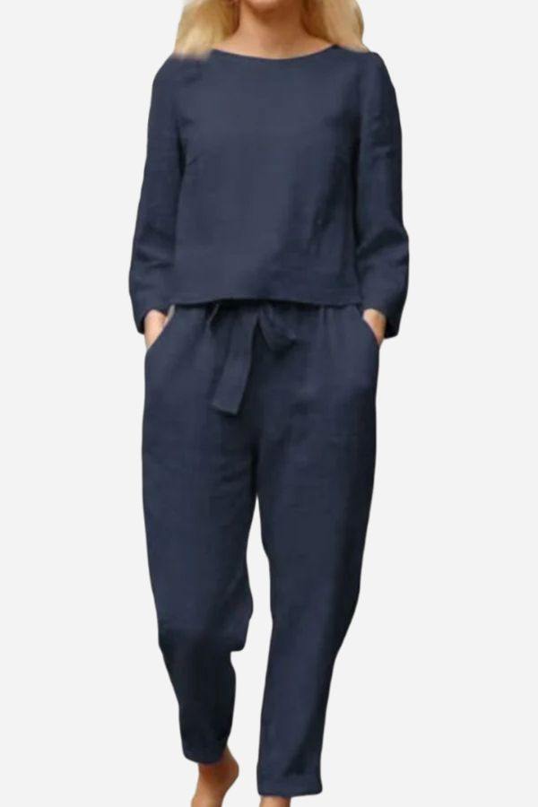 Retro monochrome linen two-piece set with long sleeves and drawstring pants in dark navy blue.