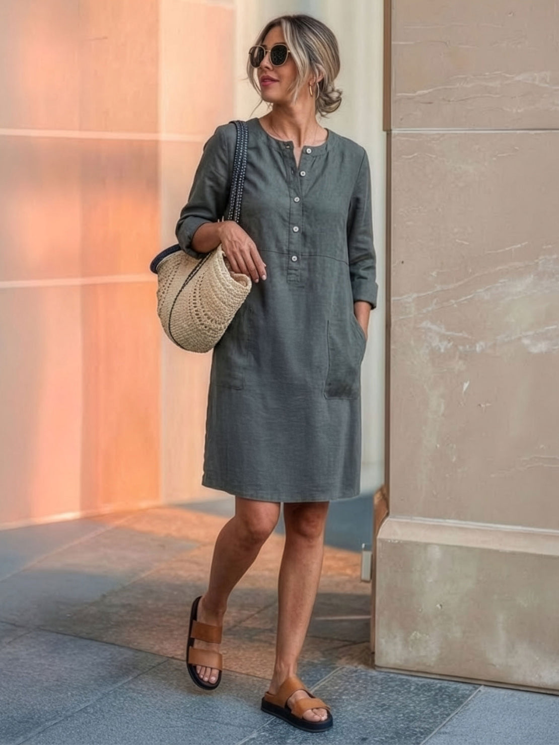 Woman wearing casual gray cotton dress with buttons and 3/4 sleeves, carrying woven straw bag and sunglasses outdoors
