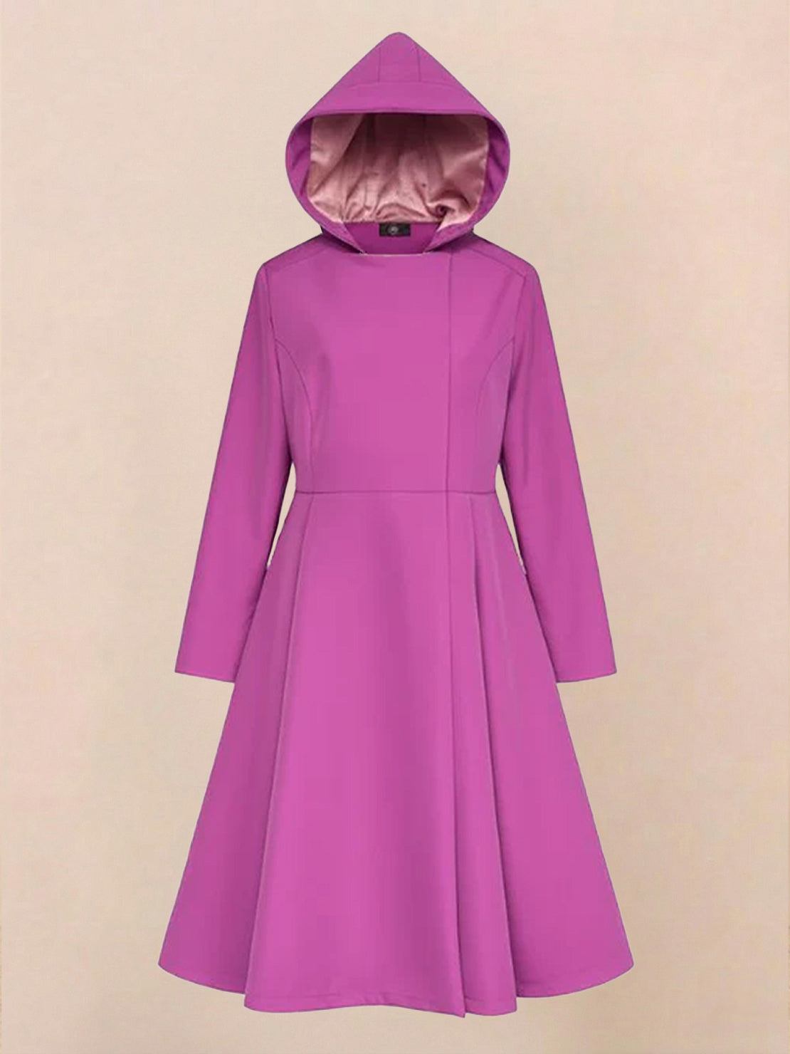 Water-repellent A-line hooded raincoat for women with insulated lining and belt