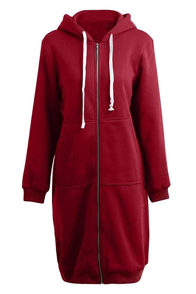 Oversized long zip sweatshirt hoodie in red with fleece lining and drawstring hood