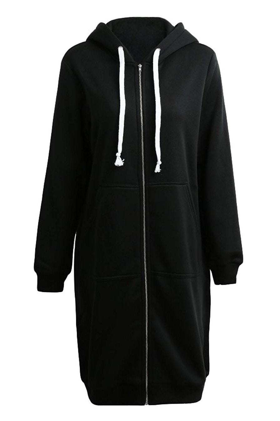 Oversized long zip sweatshirt hoodie in black with drawstring hood and front pockets