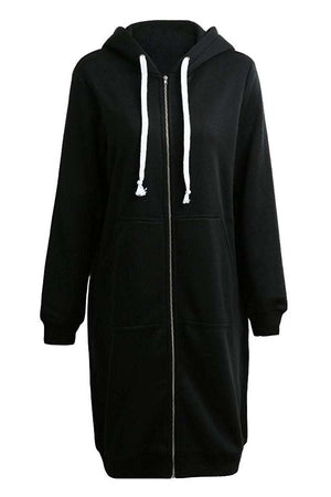 Oversized long zip sweatshirt hoodie in black with drawstring hood and front pockets