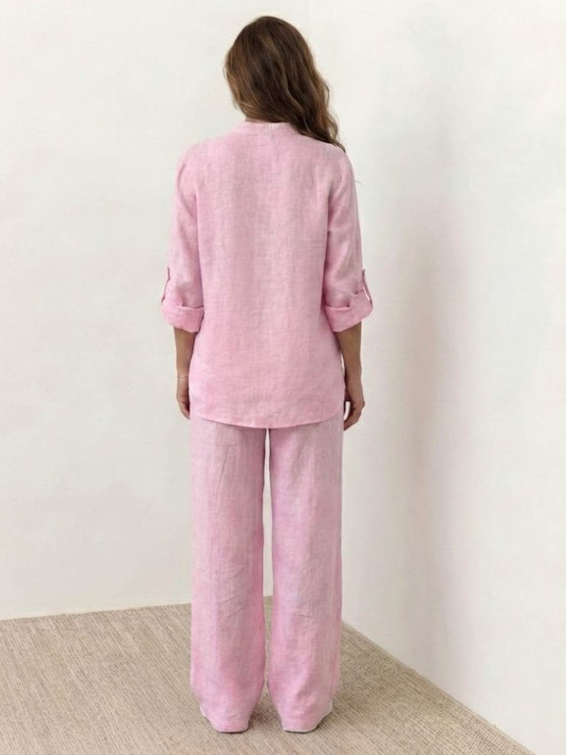 Woman wearing 100% cotton double comfort set in yellow, featuring relaxed fit two-piece outfit for breathable, stylish comfort