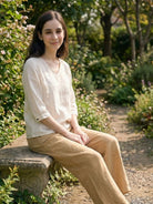 100% cotton linen blend golden hour set with embroidered top and wide-leg trousers