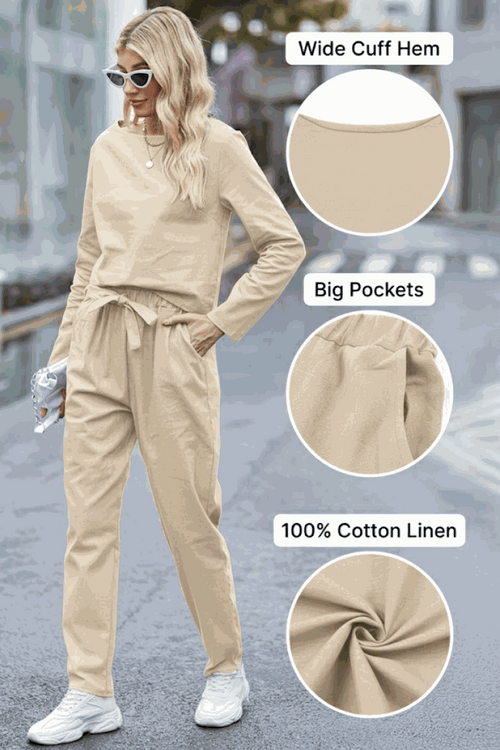 Woman wearing beige cotton-linen monochrome relaxed longline top and wide-leg pants set with wide cuff hem and big pockets