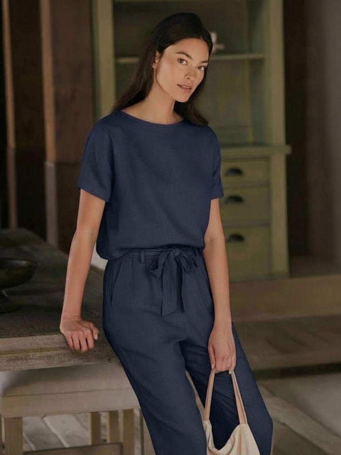 Cotton linen monochrome short-sleeve top with relaxed fit and natural texture