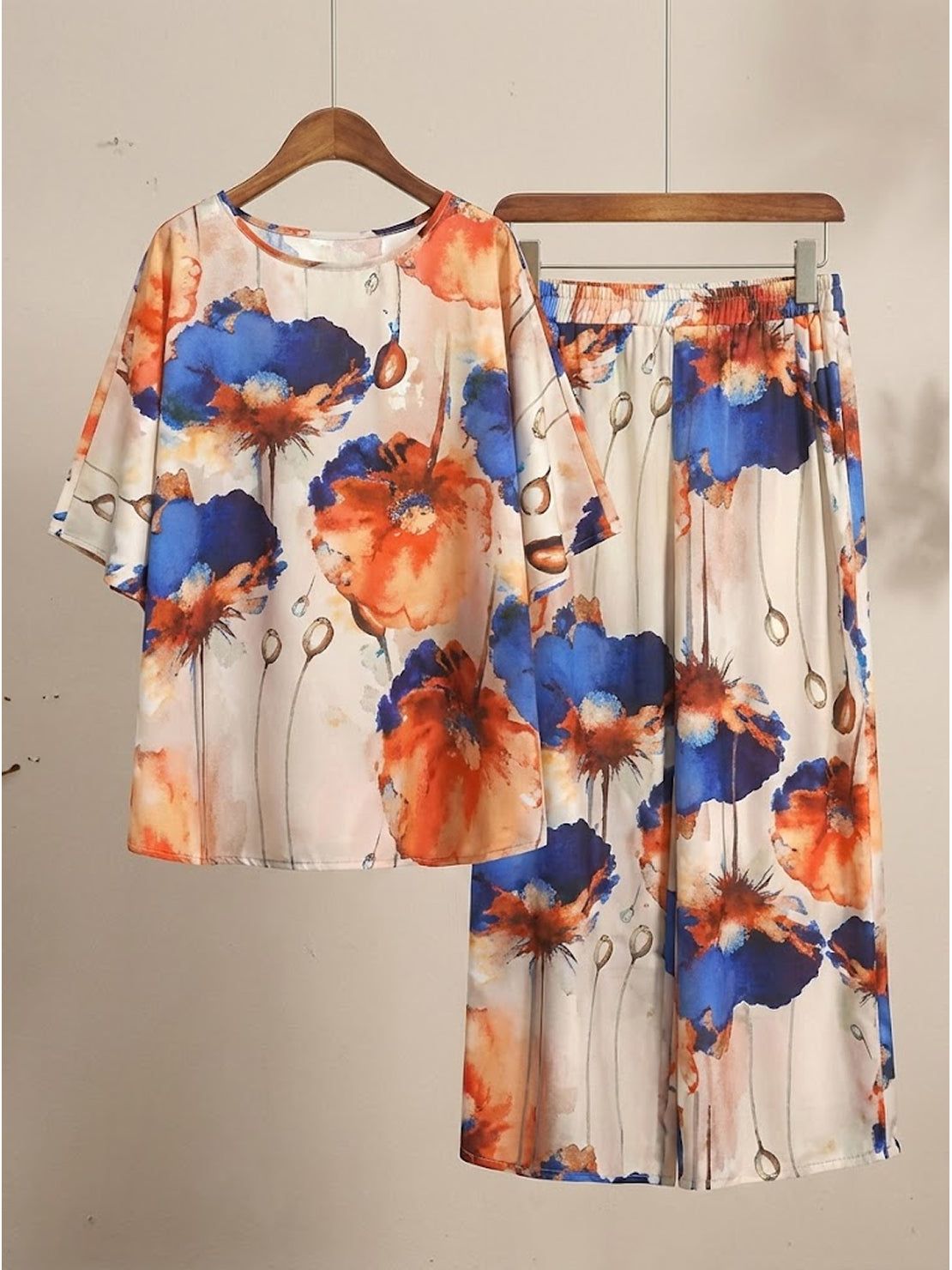 Plus size vibrant floral matching set with breathable fabric and elastic waistband