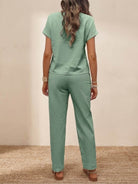 Back view of woman wearing 100% cotton total comfort two-piece set in sage green, perfect for travel and casual wear