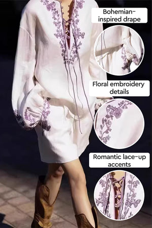 100% Linen Flower Embroidery Two-Piece Set