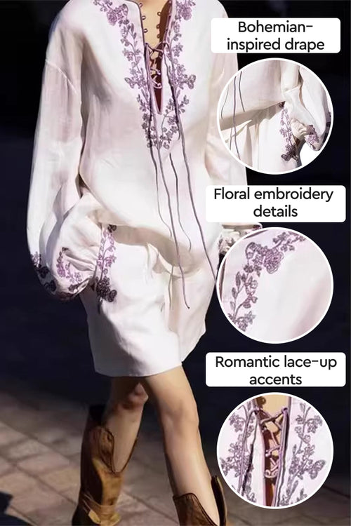 100% Linen Flower Embroidery Two-Piece Set