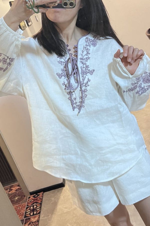 100% Linen Flower Embroidery Two-Piece Set