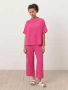 Cotton-blend capelet lounge set with mock neck top and wide-leg pants in relaxed fit