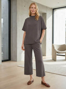 Cotton-blend capelet lounge set with mock neck top and wide-leg pants in relaxed fit