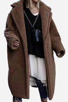 Brown glamour teddy coat with loose fit and lambswool blend fabric