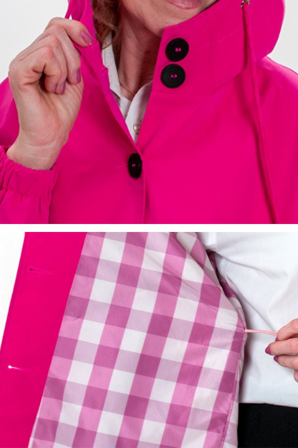 Barbara Pink Raincoat featuring vibrant pink windbreaker jacket with black buttons and pink checkered inner lining