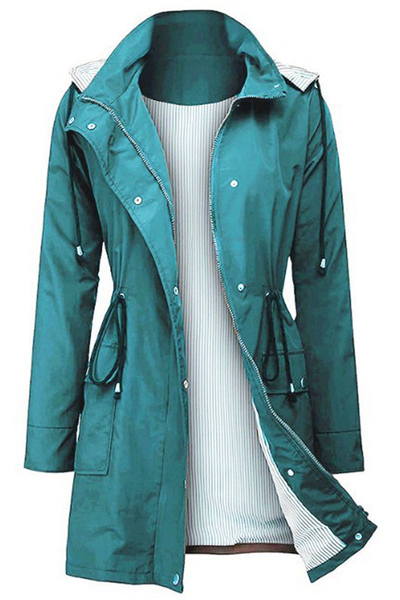Women's water resistant hooded striped windbreaker jacket with adjustable waist and multiple pockets