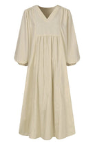 Beige midi long sleeve spring dress with V neckline and loose fit for comfortable, stylish wear