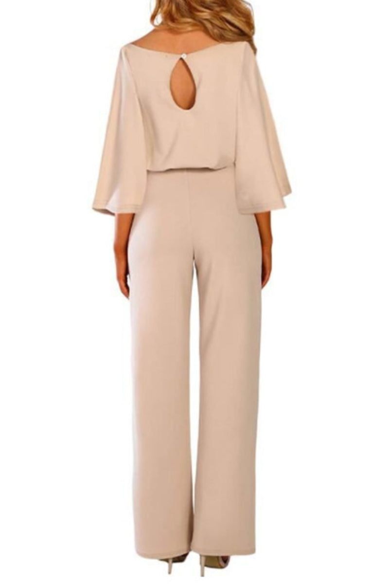Beige casual long sleeve belted jumpsuit with back keyhole and batwing sleeves.